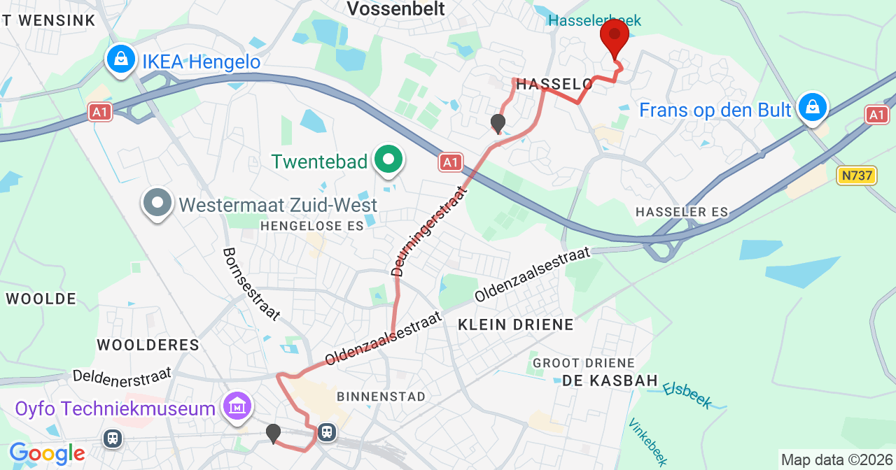 Kaart van het incident in Hengelo met de aanrijroutes van de gealarmeerde eenheden