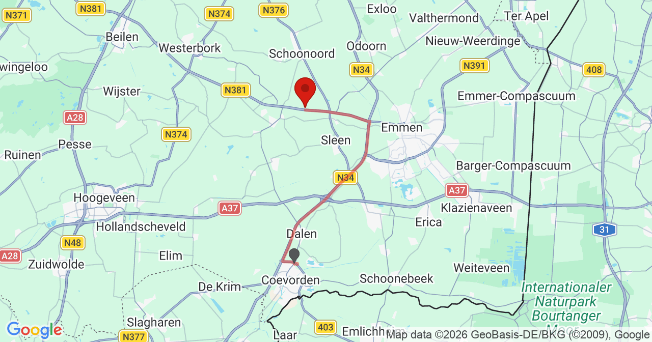 Kaart van het incident in Zweeloo met berekende routes vanaf gealarmeerde posten