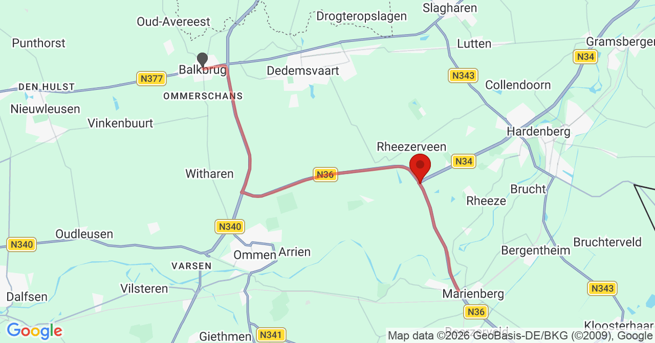 Kaart van het incident in Rheezerveen met berekende routes vanaf gealarmeerde posten