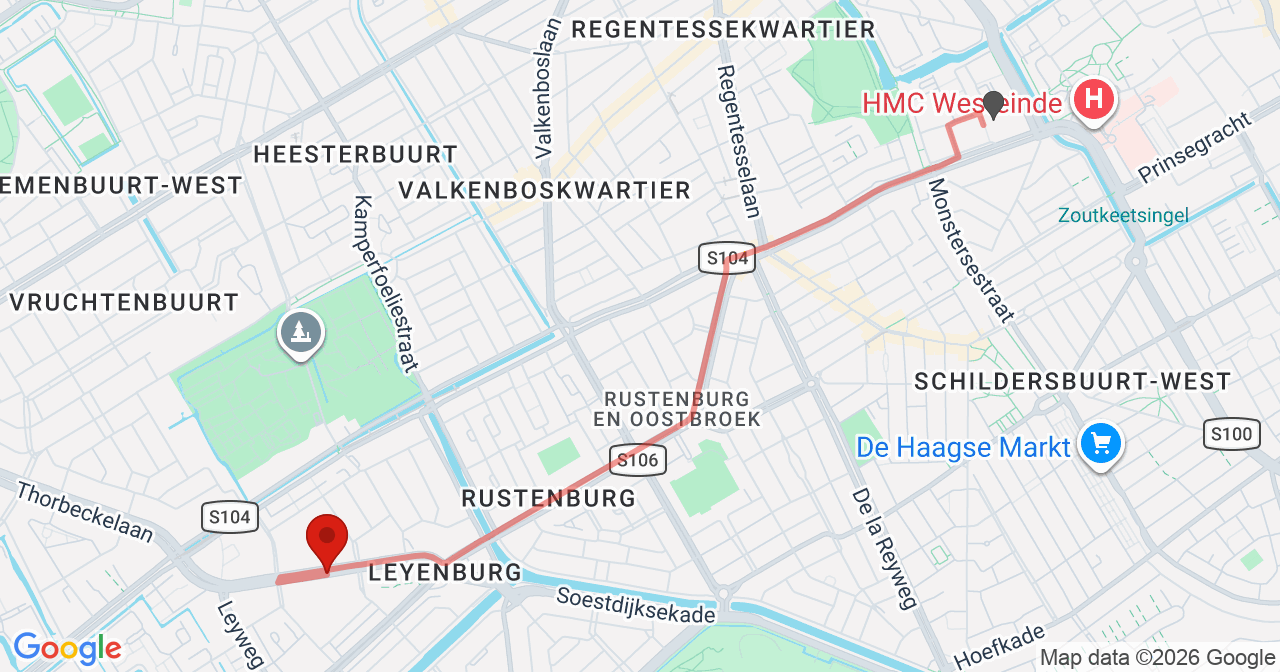 Kaart van het incident in 's-Gravenhage met berekende routes vanaf gealarmeerde posten