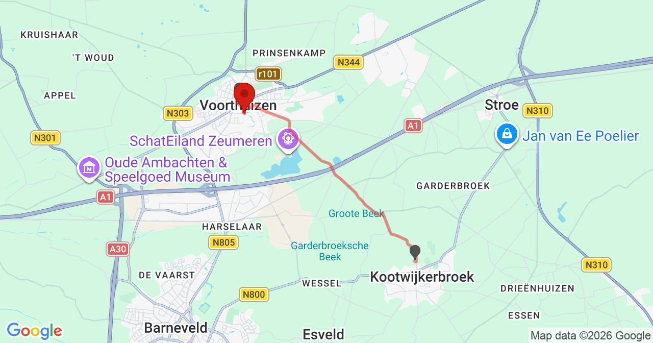 Kaart van het incident in Voorthuizen met berekende routes vanaf gealarmeerde posten