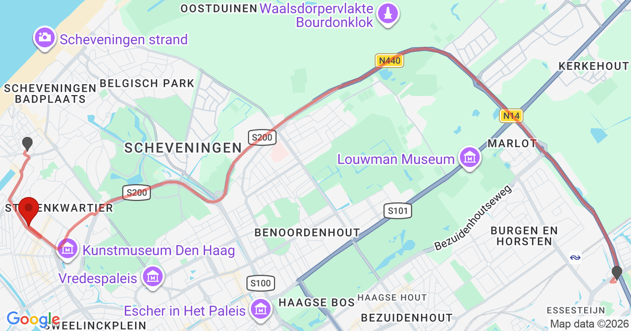 Kaart van het incident in 's-Gravenhage met berekende routes vanaf gealarmeerde posten