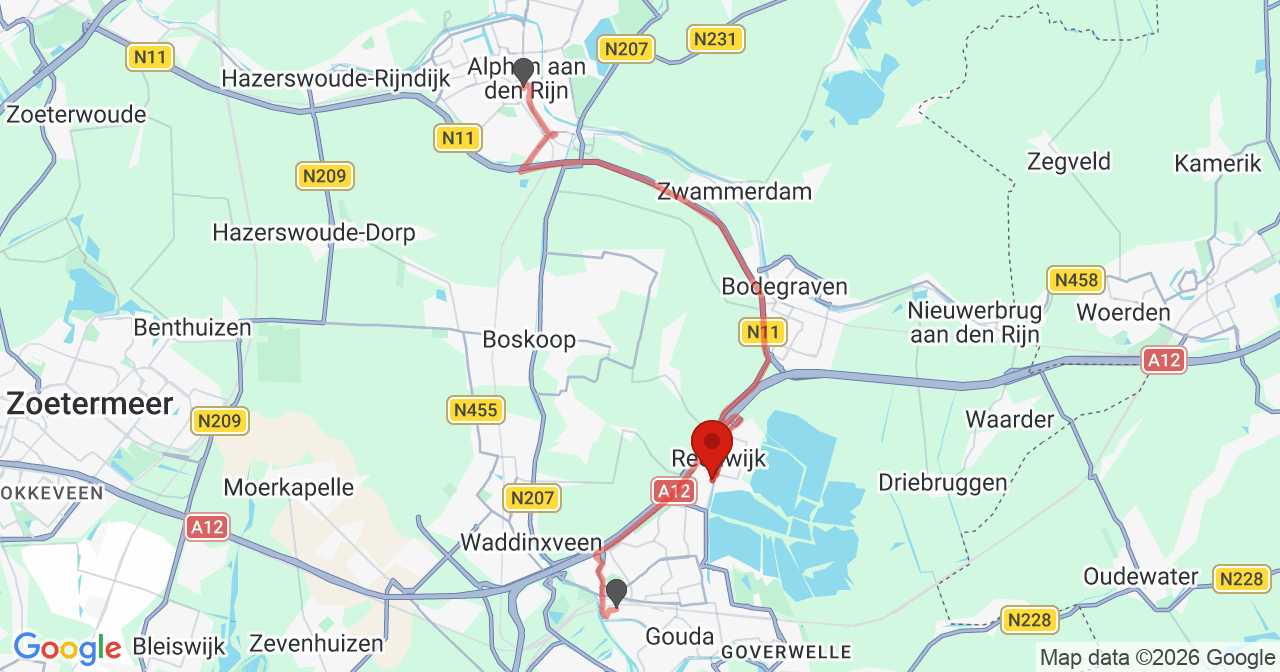Kaart van het incident in Reeuwijk met berekende routes vanaf gealarmeerde posten