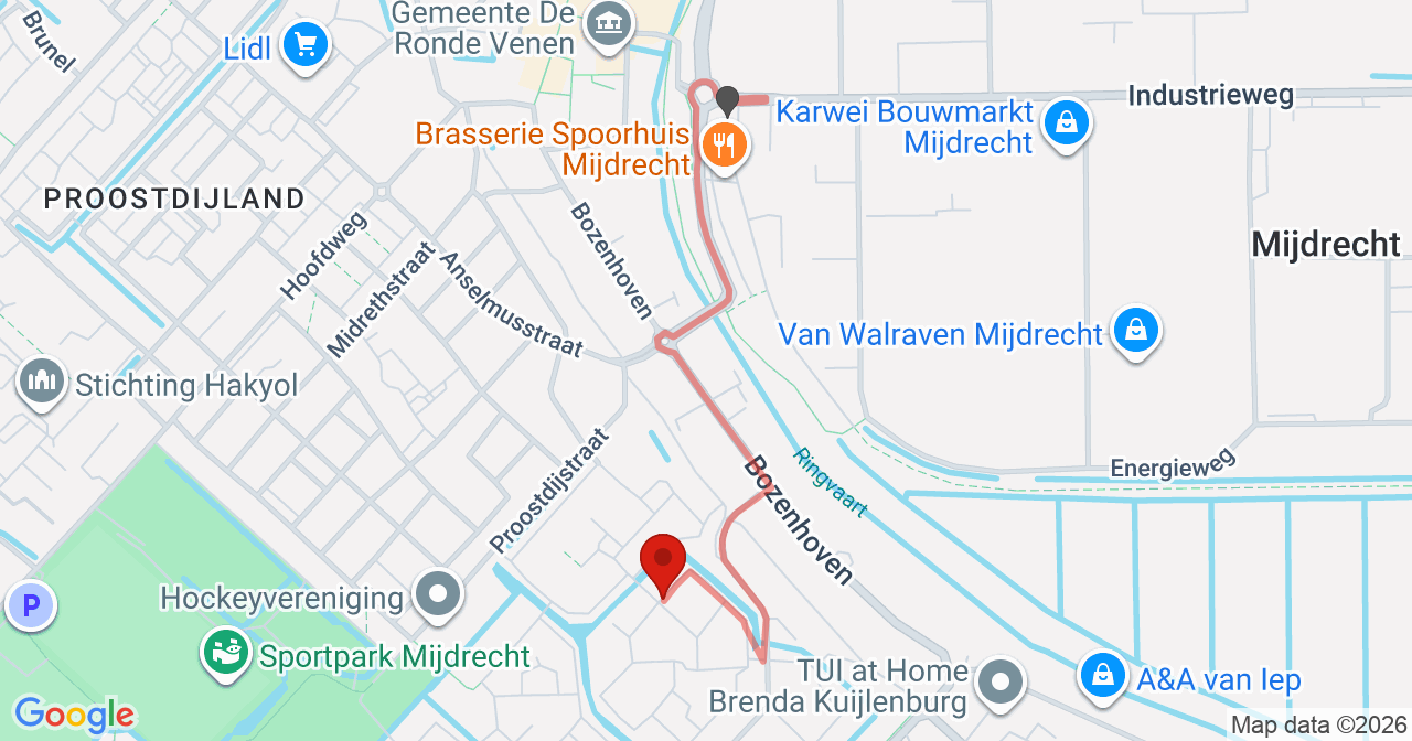 Kaart van het incident in Mijdrecht met berekende routes vanaf gealarmeerde posten