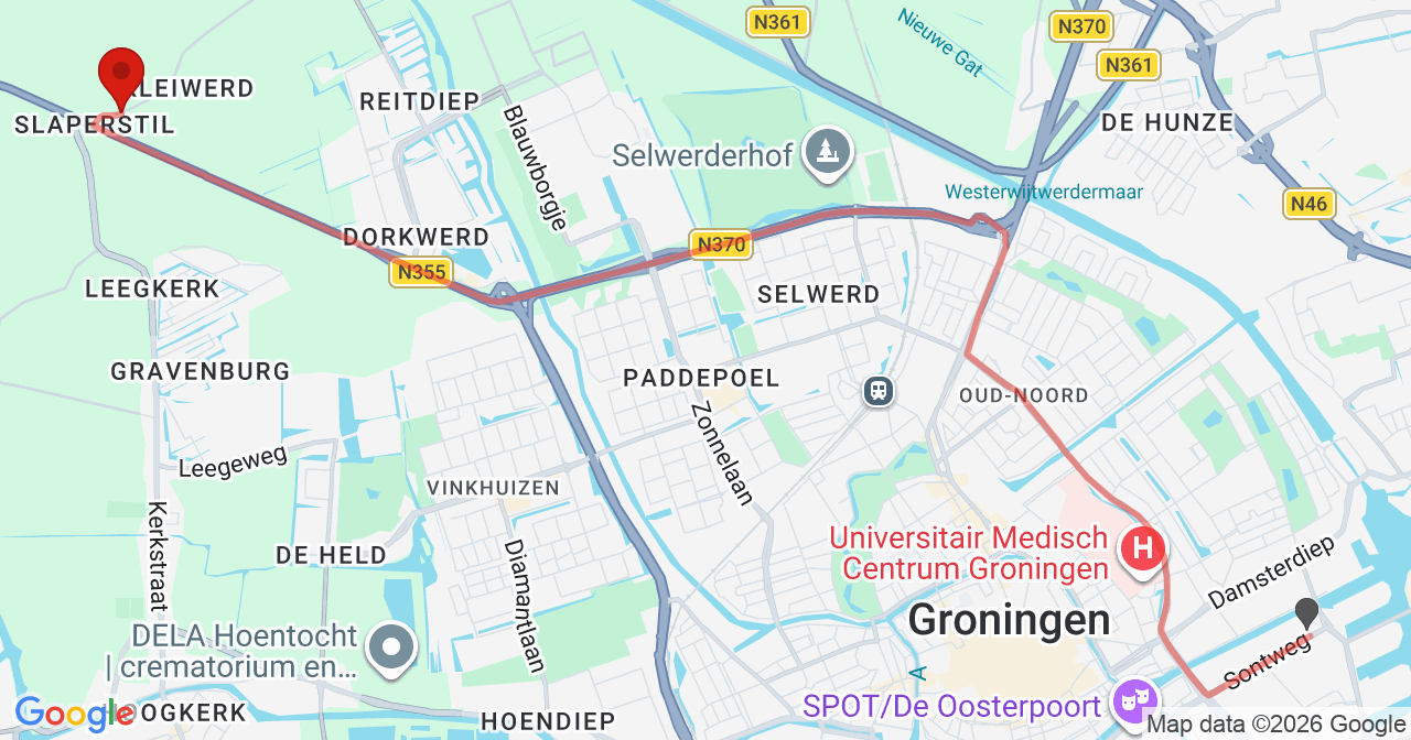 Kaart van het incident in Groningen met berekende routes vanaf gealarmeerde posten
