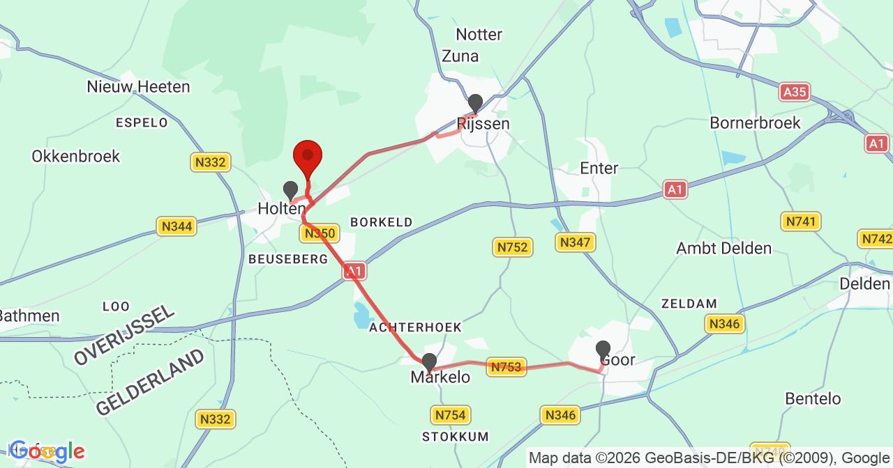 Kaart van het incident in Holten met berekende routes vanaf gealarmeerde posten