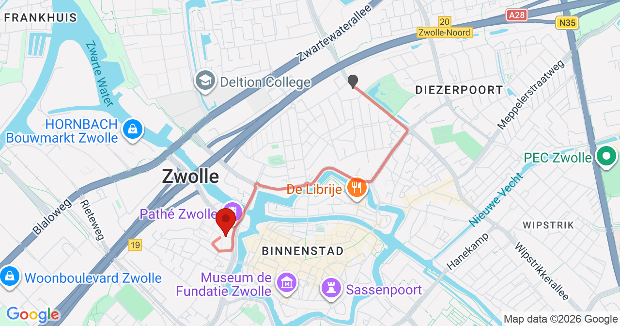 Kaart van het incident in Zwolle met berekende routes vanaf gealarmeerde posten