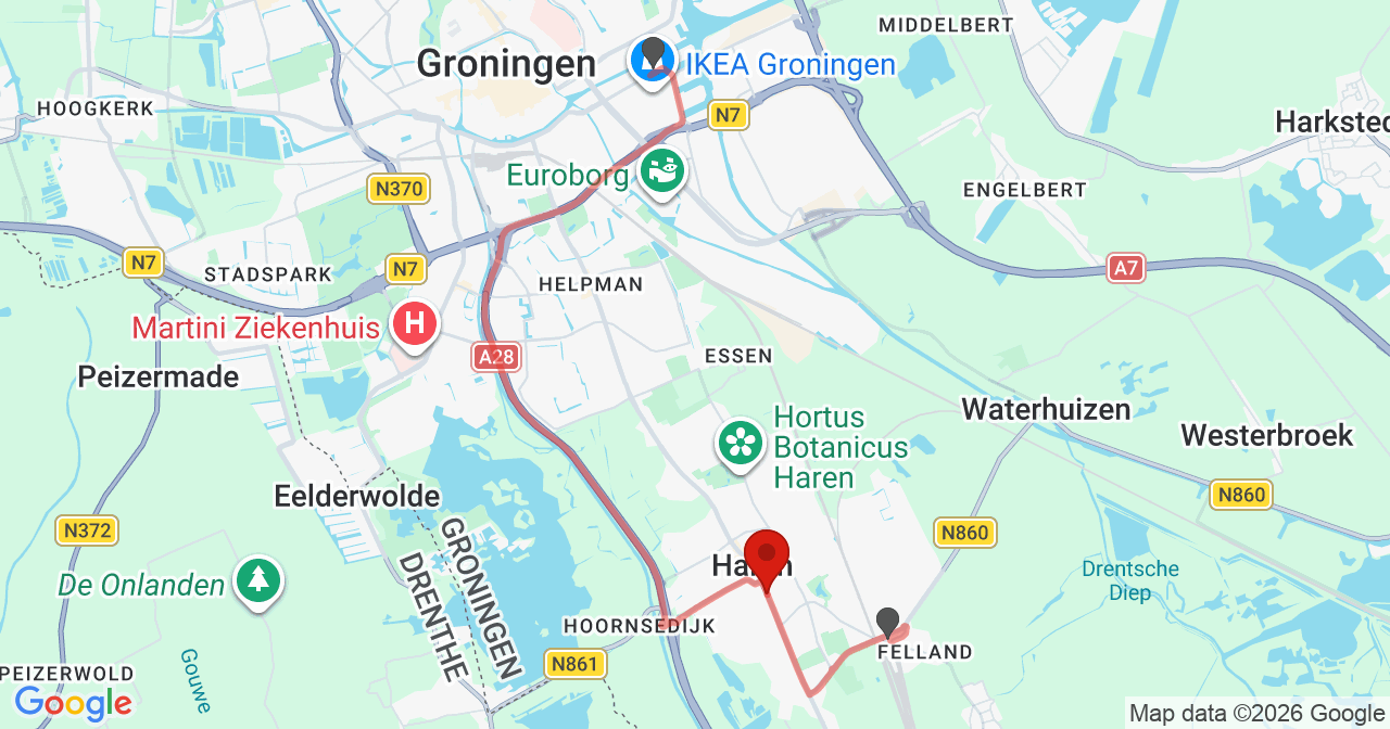 Kaart van het incident in Haren met berekende routes vanaf gealarmeerde posten