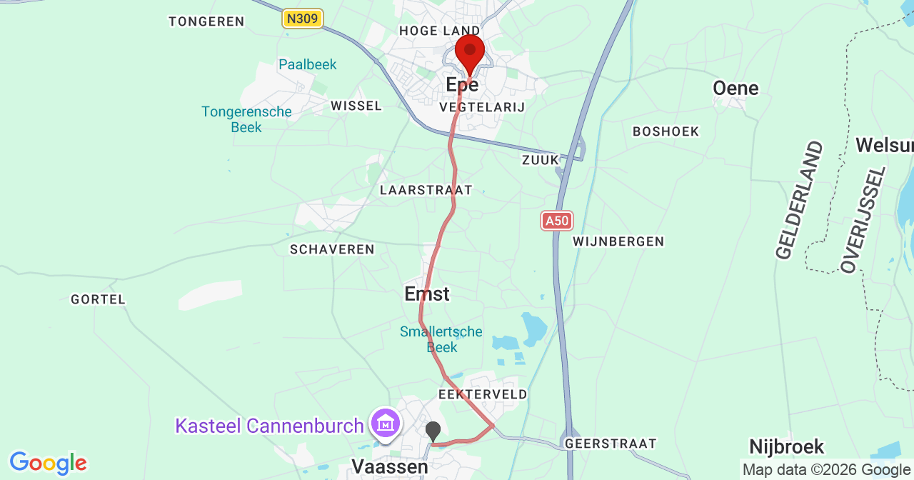Kaart van het incident in Epe met berekende routes vanaf gealarmeerde posten