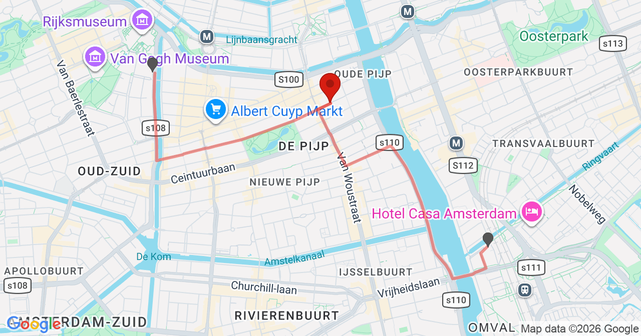 Kaart van het incident in Amsterdam met de aanrijroutes van de gealarmeerde eenheden