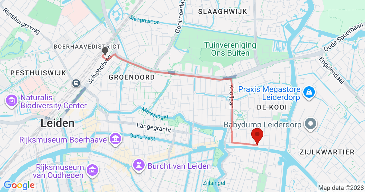 Kaart van het incident in Leiden met berekende routes vanaf gealarmeerde posten