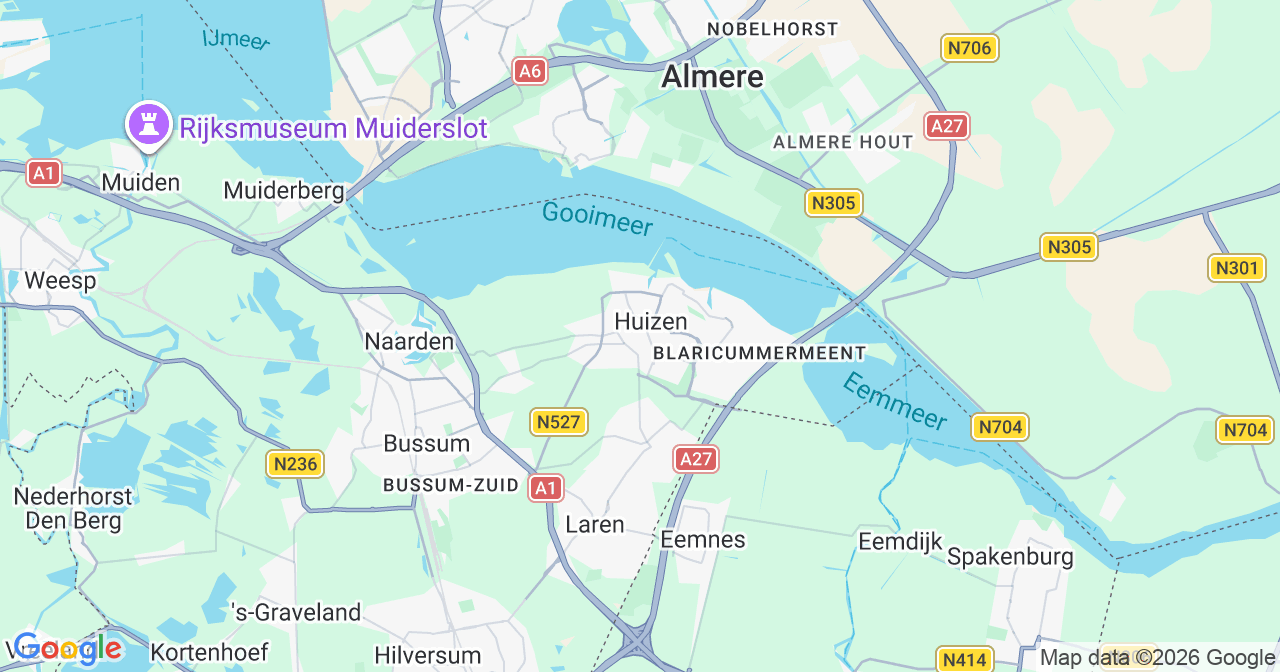 Kaart van het incident in Huizen met berekende routes vanaf gealarmeerde posten