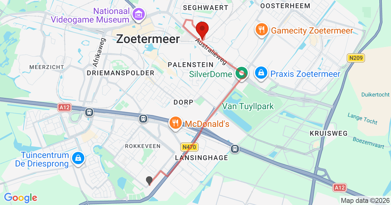 Kaart van het incident in Zoetermeer met de aanrijroutes van de gealarmeerde eenheden