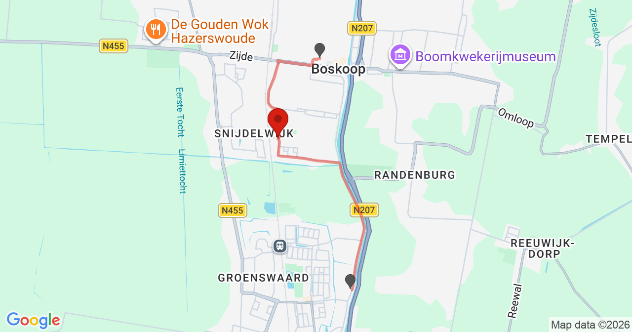 Kaart van het incident in Boskoop met berekende routes vanaf gealarmeerde posten