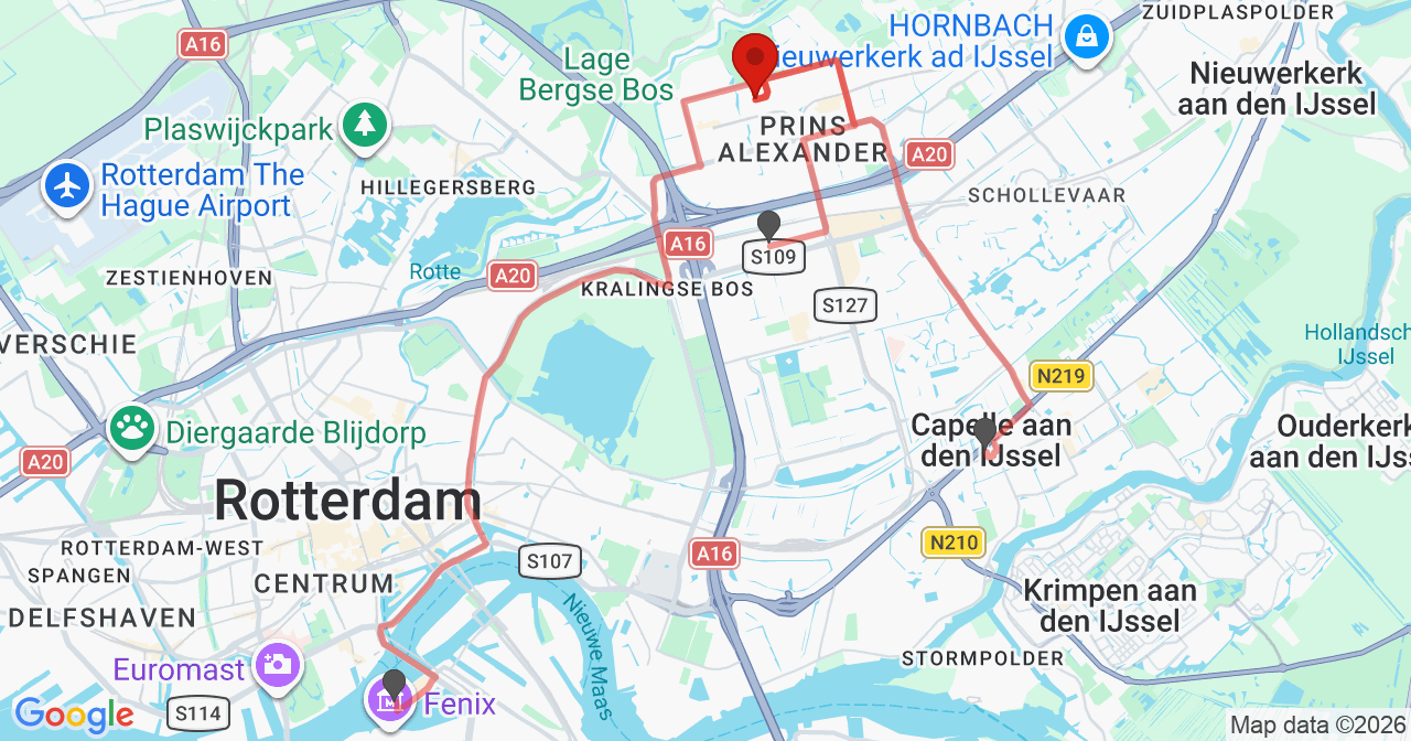 Kaart van het incident in Rotterdam met berekende routes vanaf gealarmeerde posten