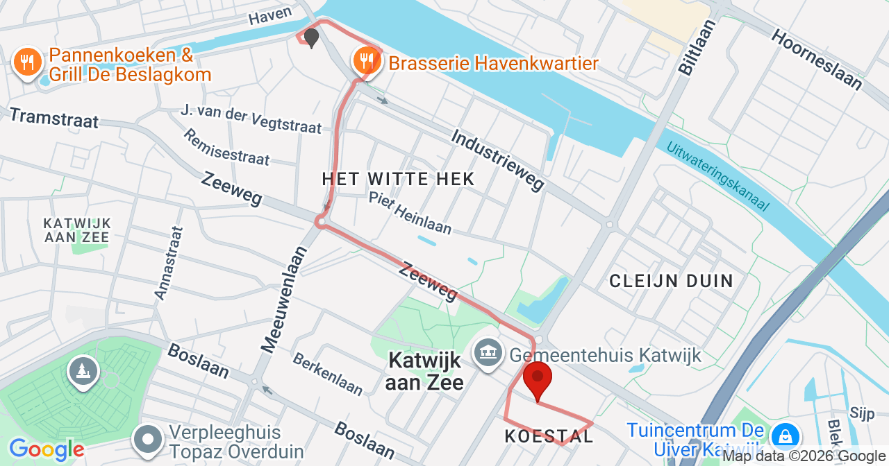 Kaart van het incident in Katwijk met berekende routes vanaf gealarmeerde posten