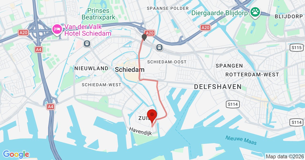 Kaart van het incident in Schiedam met de aanrijroutes van de gealarmeerde eenheden