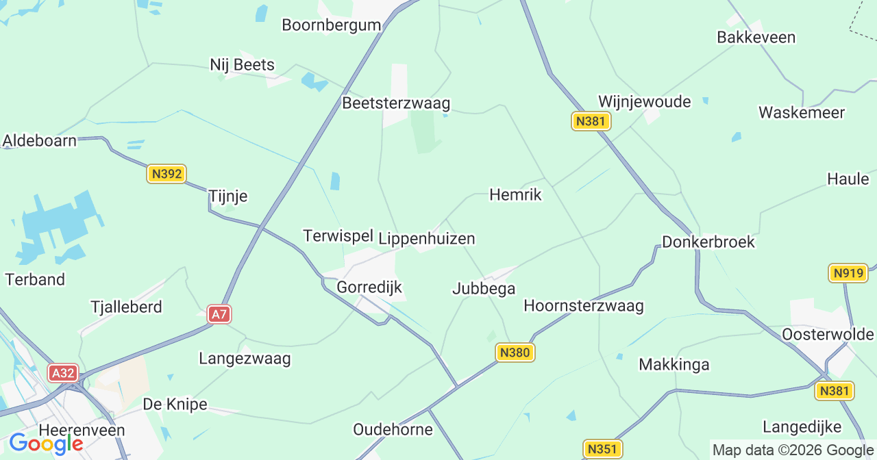 Kaart van het incident in Lippenhuizen met berekende routes vanaf gealarmeerde posten
