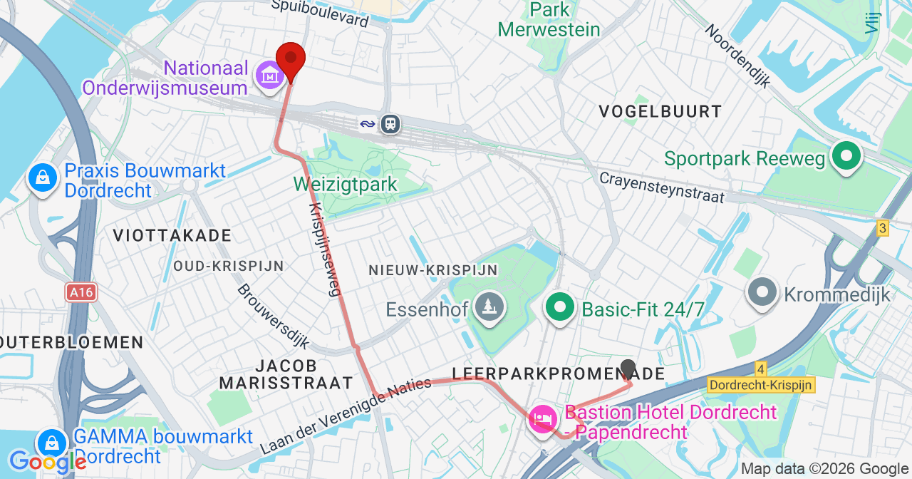 Kaart van het incident in Dordrecht met berekende routes vanaf gealarmeerde posten