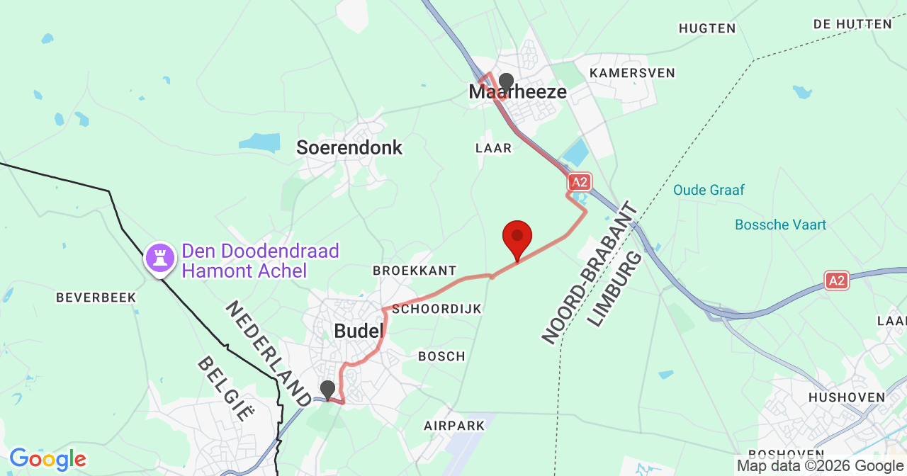 Kaart van het incident in Budel met de aanrijroutes van de gealarmeerde eenheden