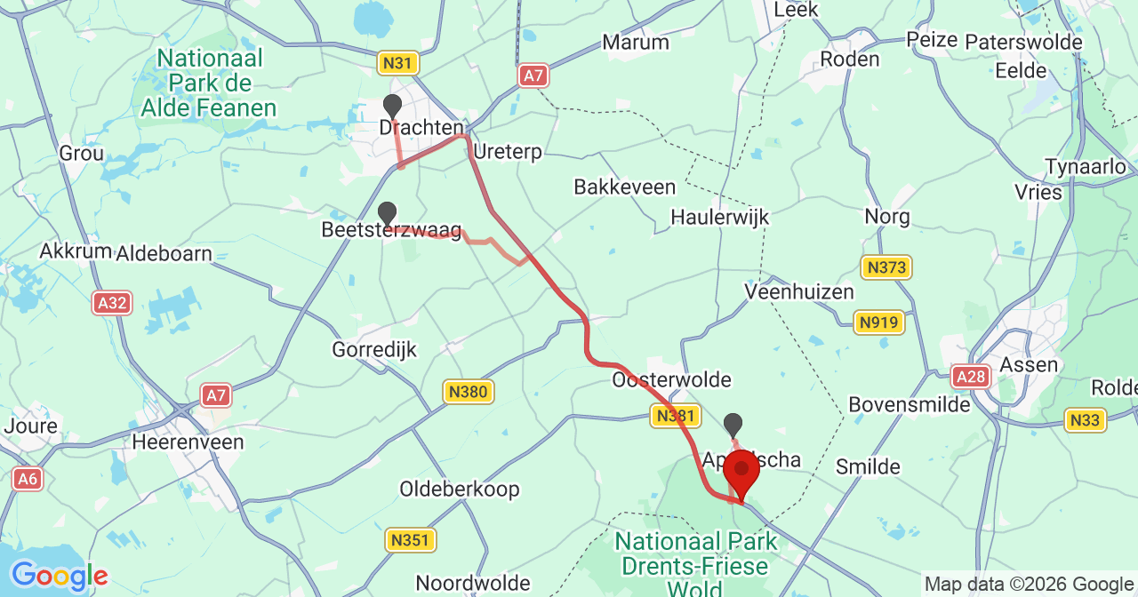 Kaart van het incident in Appelscha met berekende routes vanaf gealarmeerde posten