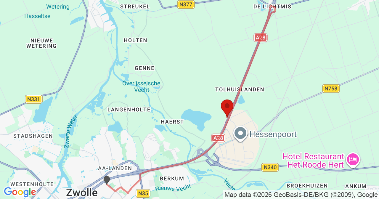 Kaart van het incident in Zwolle met berekende routes vanaf gealarmeerde posten
