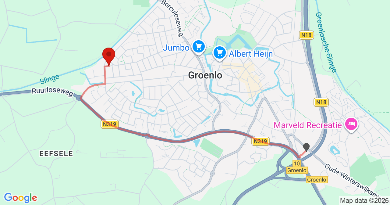 Kaart van het incident in Groenlo met berekende routes vanaf gealarmeerde posten