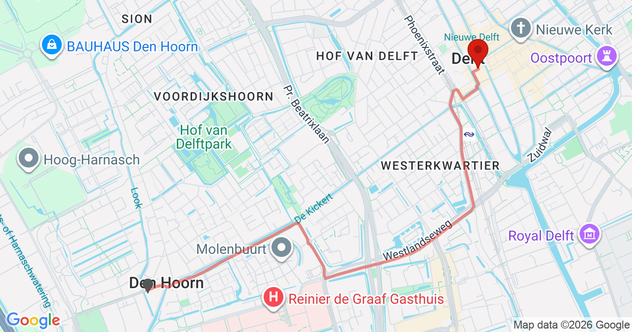Kaart van het incident in Delft met berekende routes vanaf gealarmeerde posten