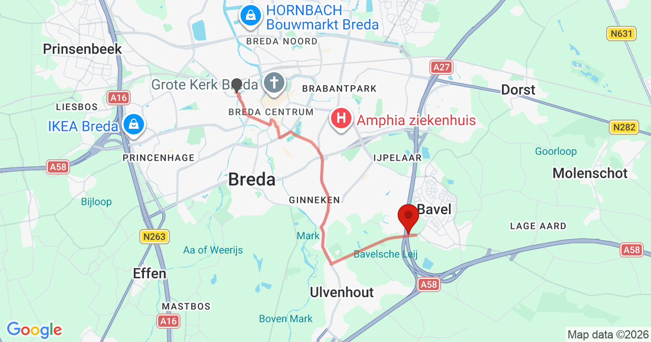 Kaart van het incident in Bavel met berekende routes vanaf gealarmeerde posten