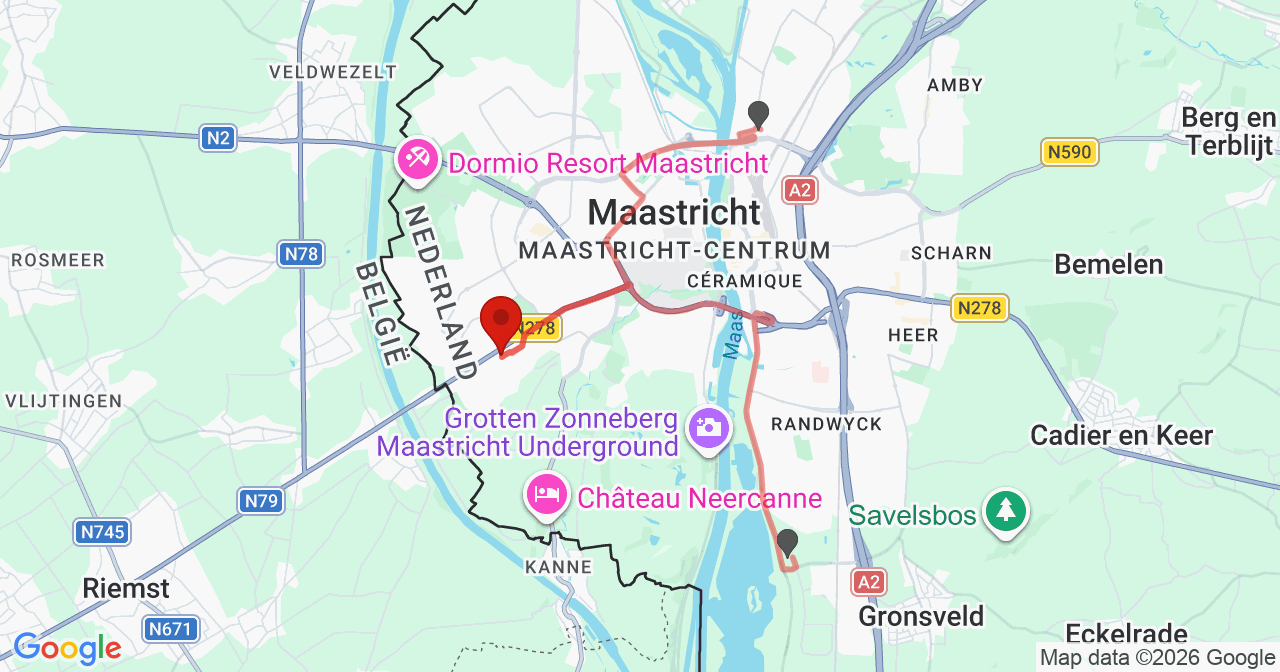 Kaart van het incident in Maastricht met berekende routes vanaf gealarmeerde posten