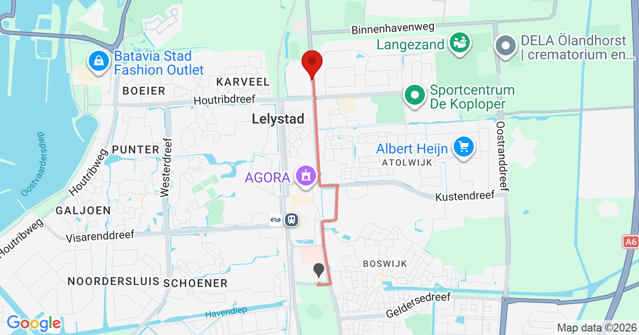 Kaart van het incident in Lelystad met berekende routes vanaf gealarmeerde posten