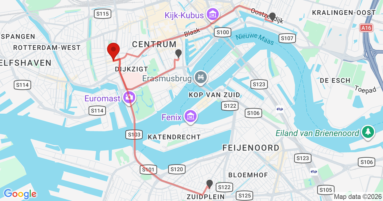 Kaart van het incident in Rotterdam met berekende routes vanaf gealarmeerde posten