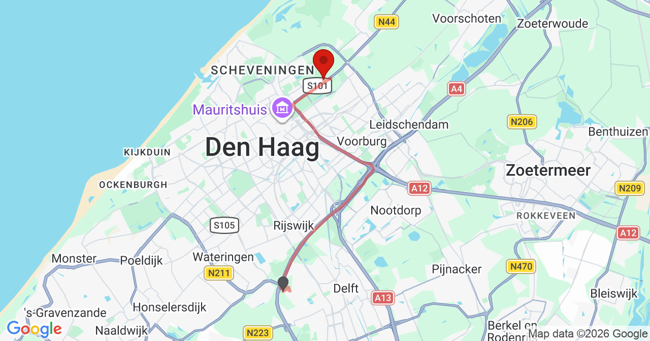 Kaart van het incident in Wassenaar met berekende routes vanaf gealarmeerde posten