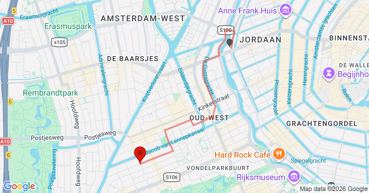 Kaart van het incident in Amsterdam met berekende routes vanaf gealarmeerde posten
