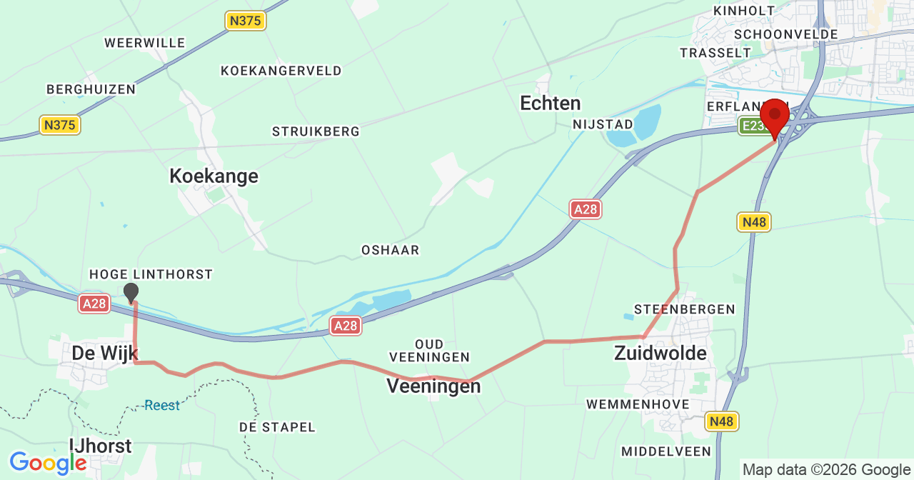 Kaart van het incident in Hoogeveen met berekende routes vanaf gealarmeerde posten
