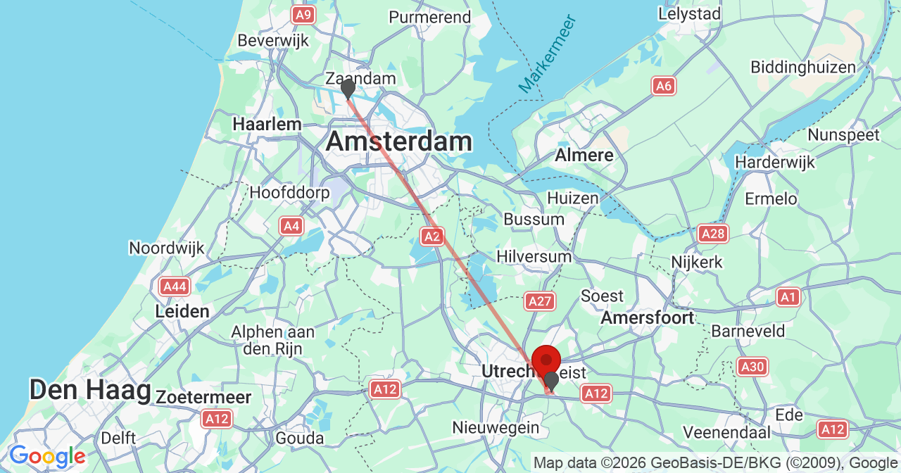 Kaart van het incident in Bunnik met de aanrijroutes van de gealarmeerde eenheden