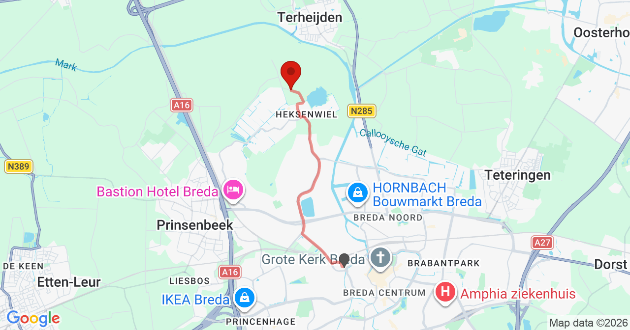Kaart van het incident in Breda met berekende routes vanaf gealarmeerde posten