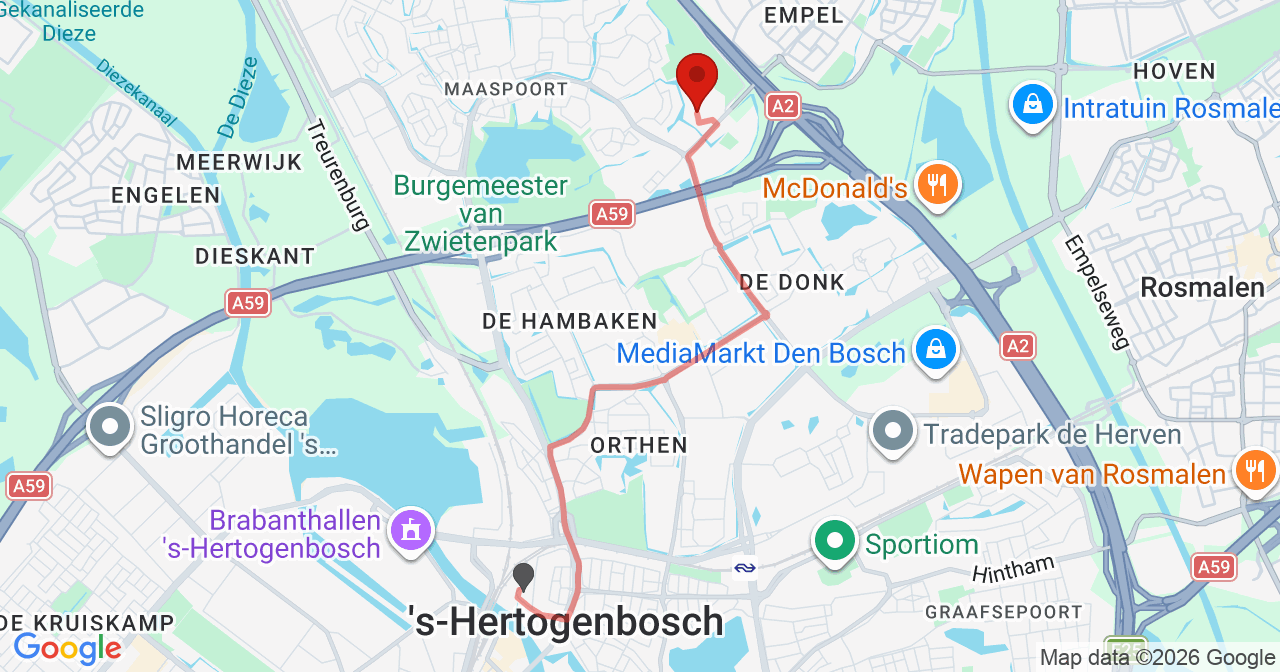 Kaart van het incident in 's-Hertogenbosch met berekende routes vanaf gealarmeerde posten