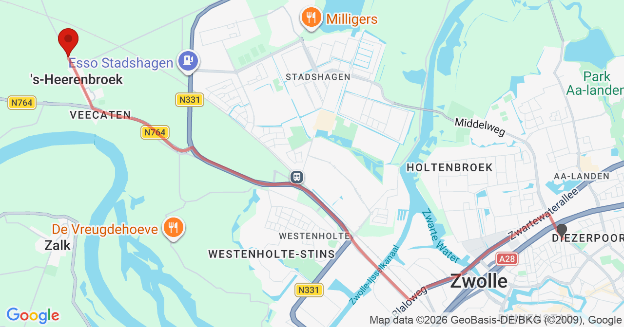 Kaart van het incident in 's-Heerenbroek met de aanrijroutes van de gealarmeerde eenheden