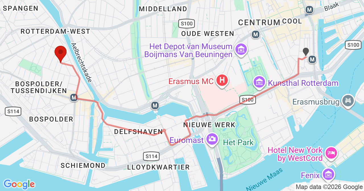 Kaart van het incident in Rotterdam met berekende routes vanaf gealarmeerde posten