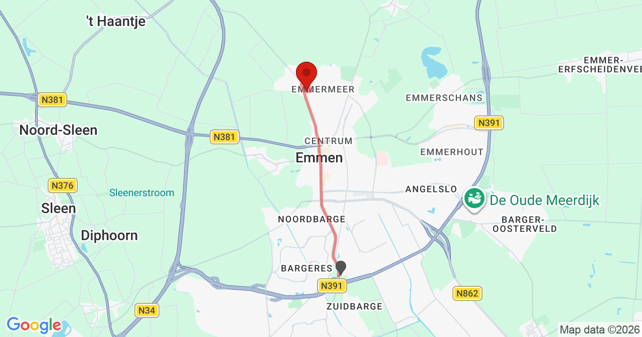 Kaart van het incident in Emmen met de aanrijroutes van de gealarmeerde eenheden