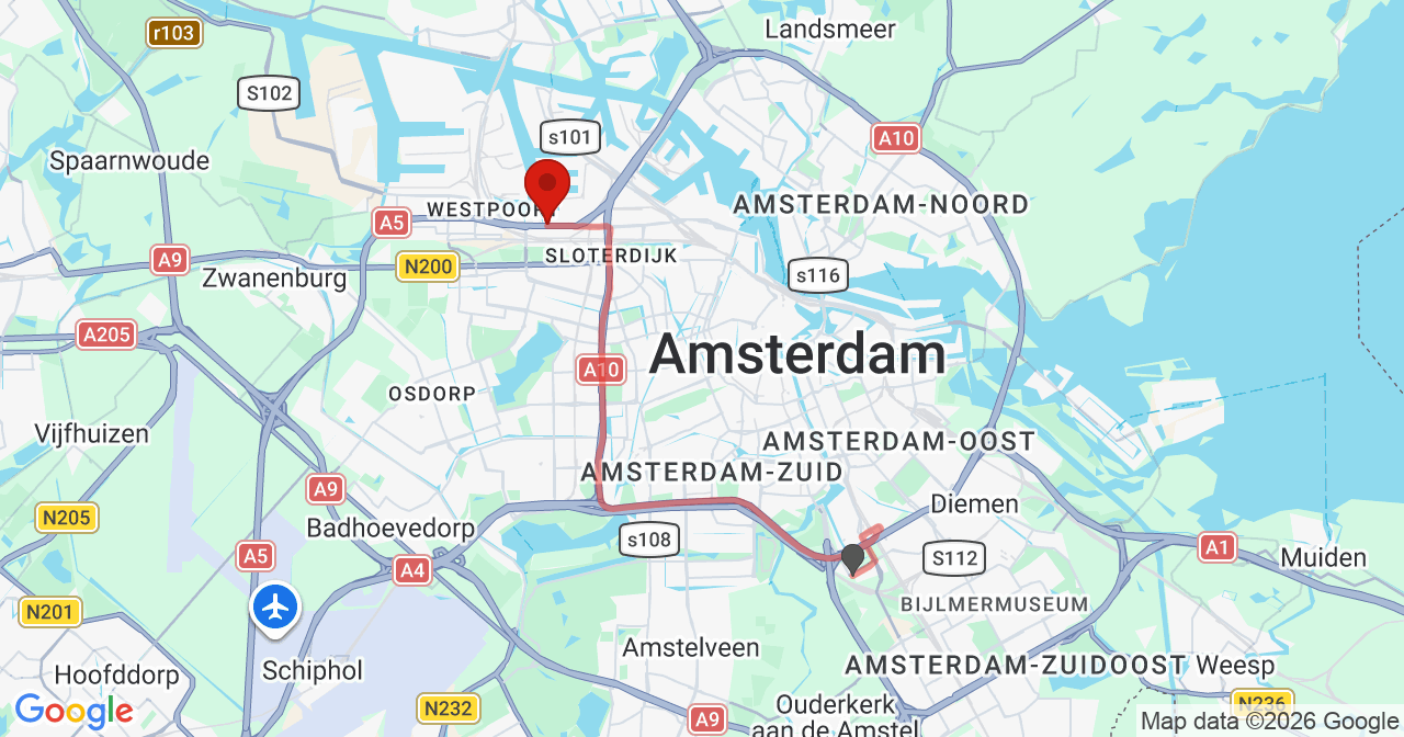Kaart van het incident in Amsterdam met berekende routes vanaf gealarmeerde posten
