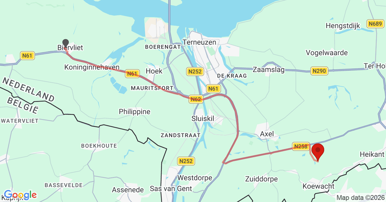 Kaart van het incident in Koewacht met berekende routes vanaf gealarmeerde posten