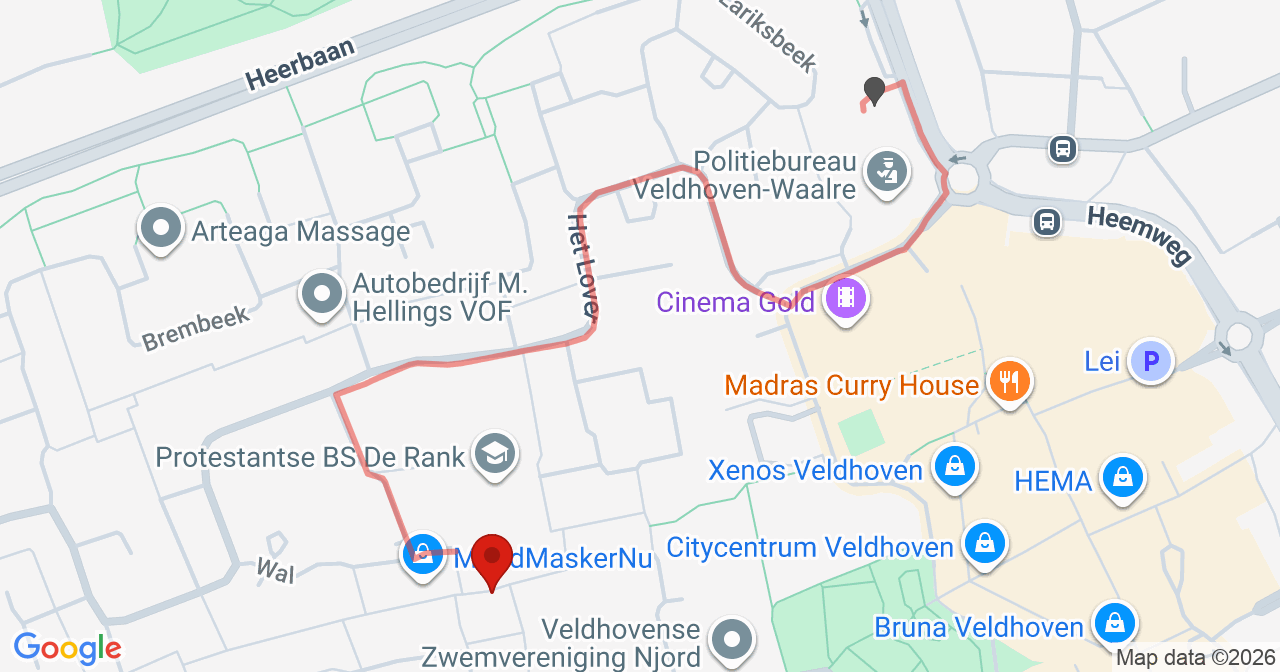 Kaart van het incident in Veldhoven met berekende routes vanaf gealarmeerde posten
