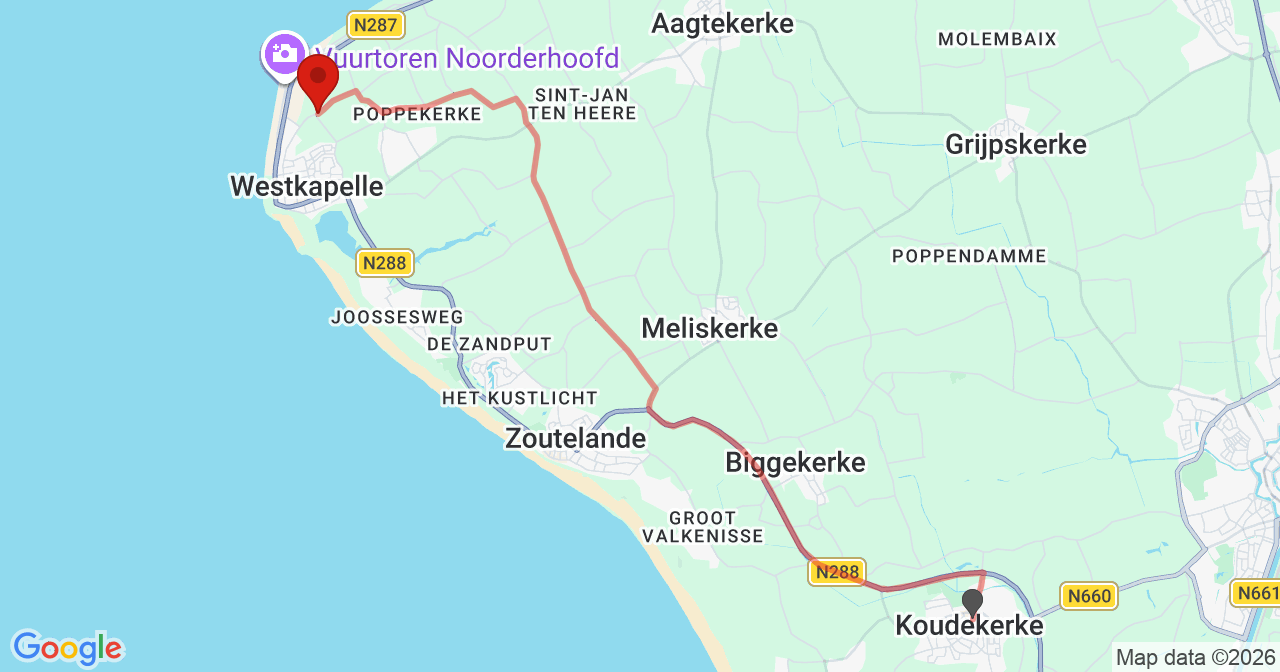 Kaart van het incident in Westkapelle met berekende routes vanaf gealarmeerde posten