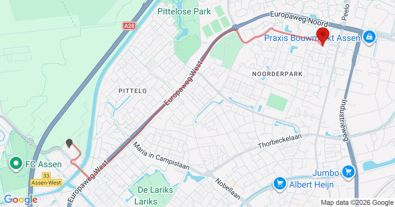 Kaart van het incident in Assen met berekende routes vanaf gealarmeerde posten