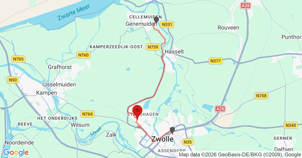 Kaart van het incident in Zwolle met de aanrijroutes van de gealarmeerde eenheden