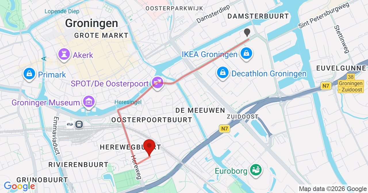 Kaart van het incident in Groningen met berekende routes vanaf gealarmeerde posten