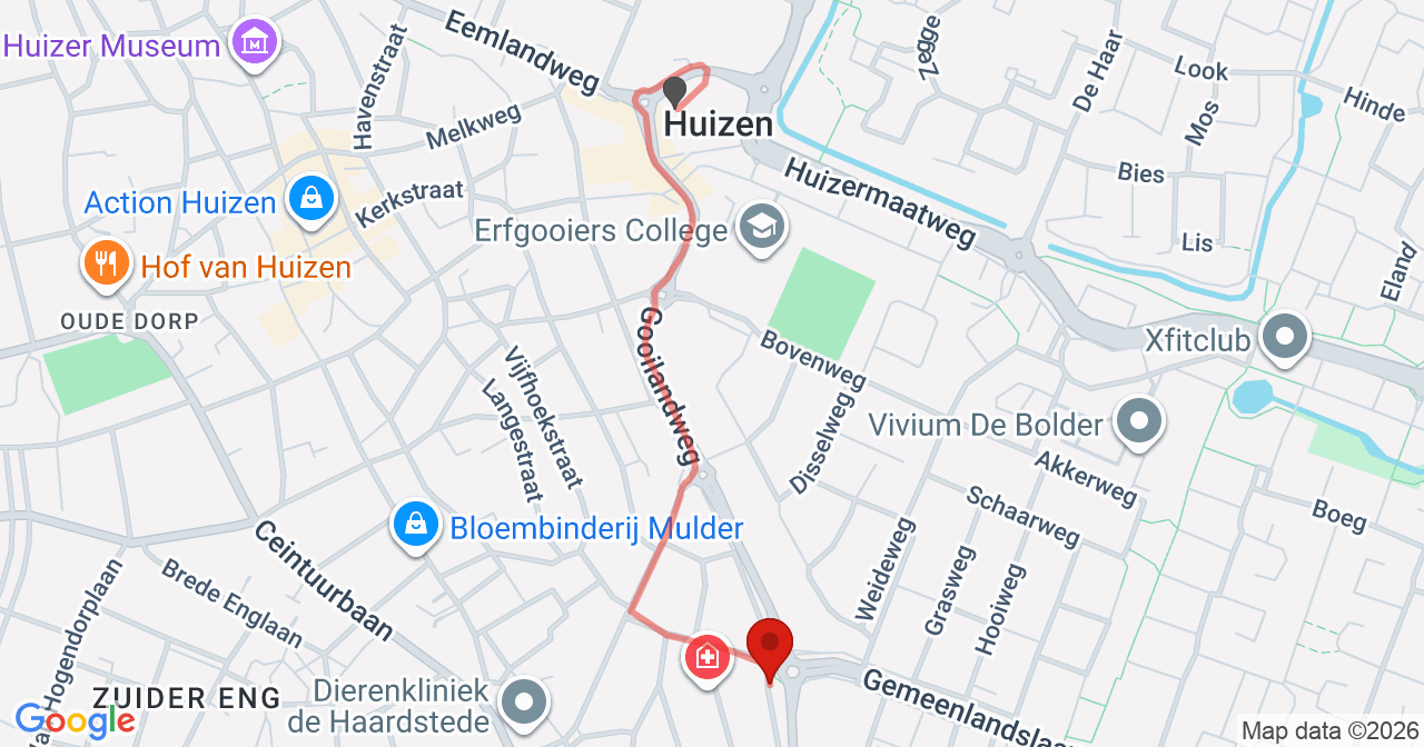 Kaart van het incident in Huizen met berekende routes vanaf gealarmeerde posten