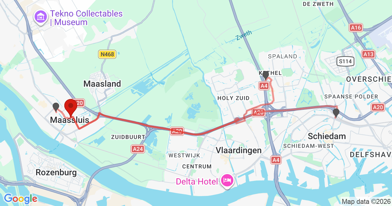 Kaart van het incident in Maassluis met de aanrijroutes van de gealarmeerde eenheden